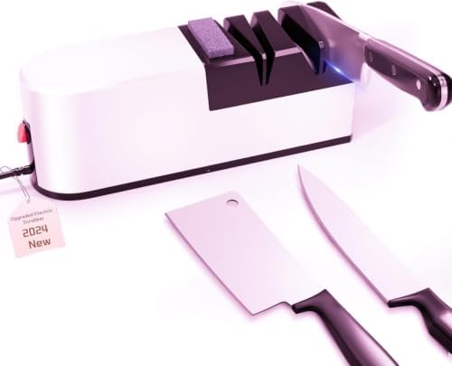 Electric knife sharpener, 5 in 1 knife sharpening system with straight blade, professional diamond knife sharpener FOR rough sharpening, repair and sharpening of knives (Light White)