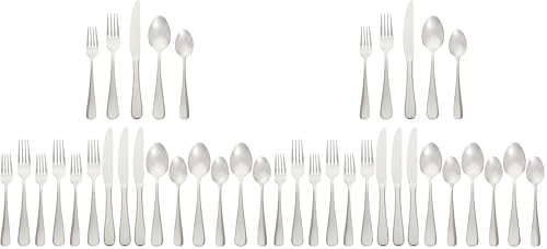 Amazon Basics Silverware Set, Stainless Steel Flatware, Dishwasher Safe, Service for 4, 20-Piece Forks and Spoons, Round Edge, Everyday Use (Pack of 2)