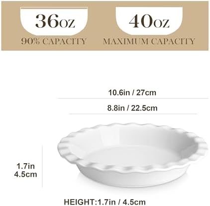 MALACASA 40 Oz Ceramic Pie Pan 9 Inch, Fluted Pie Dish for Quiche