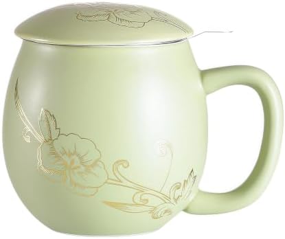 Yundu 12 OZ Ceramic Mug with Lid & Tea Strainer - Matte Light Green Tea Cup with Golden Flower, Stainless Steel Infuser for Loose Leaf Tea