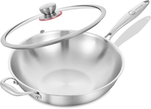 LOLYKITCH 12-Inch Stainless Steel Wok with Glass Lid | Detachable Handle