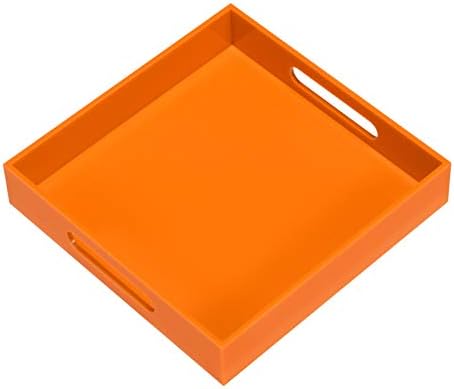 KEVLANG Orange Sturdy Acrylic Serving Tray with Handles-10x10Inch-Serving Coffee,Food,Breakfast,Butler-Kitchen Countertop Tray-Makeup Drawer Organizer-Vanity Table,Ottoman Tray-Decorative Tray