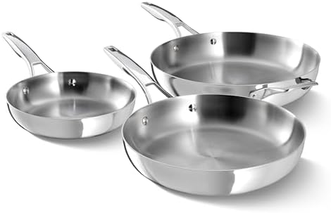 Calphalon Premier Polished 5-Ply Stainless Steel Cookware Set w/Turbo Heat Tech 3 Piece Frying Pan Set, Induction, Oven Safe 500F, Oven Safe 500F, PFOA Free, Polished Stainless Silver