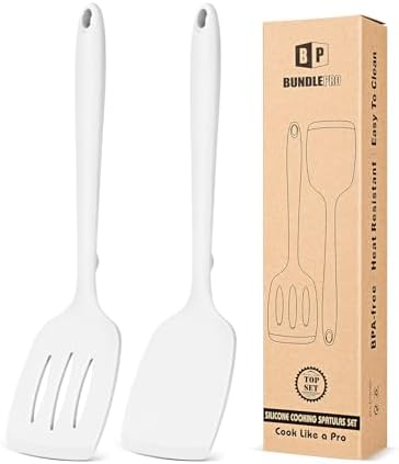 Pack of 2 Silicone Spatula Turners, Non Stick Slotted Kitchen Spatula Set, Heat Resistant BPA Free Kitchen Utensils, One-Piece Design, Suitable for Flipping Fish, Eggs, Steak, Pancakes (WHITE)