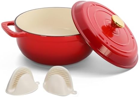 Bonnlo 5QT Round Dutch Oven, Enameled Cast Iron Dutch Oven Pot with Lid & Dual Handles, Oven Safe Up to 500° F, for Sourdough, Bread Baking, Stews and Roasting, Red