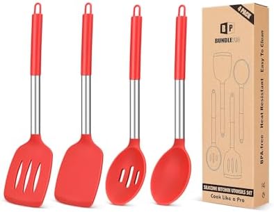 Pack of 4 Silicone Cooking Utensils Set, Non Stick Large Solid Spatulas, Heat Resistant Slotted Spoons, Ideal BPA Free Kitchen Turners for Frying, Mixing,Serving,Draining,Turning,Stirring (RED)