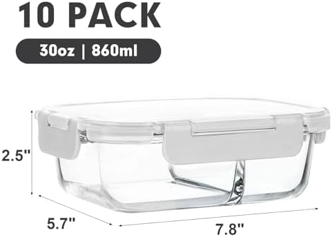 M MCIRCO 10 Pack,30 oz, 2 Compartments Glass Meal Prep Containers with Lids