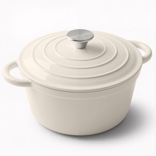 Miereirl 4.5 Quart Enameled Dutch Oven Pot with Lid, Cast Iron Dutch Oven with Dual Handles for Bread Baking, Cooking, Non-stick Enamel Coated Cookware (Beige)