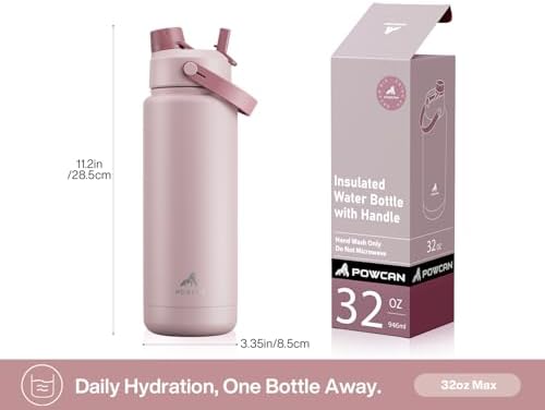 POWCAN 32 oz Insulated Water Bottle with 2-in-1 Straw and Spout Lid, Keep Cold 24H, Leak-Proof, BPA-Free, Double Wall Stainless Steel Water Bottle for Sports, Gym, Travel, and School (Dried Rose)