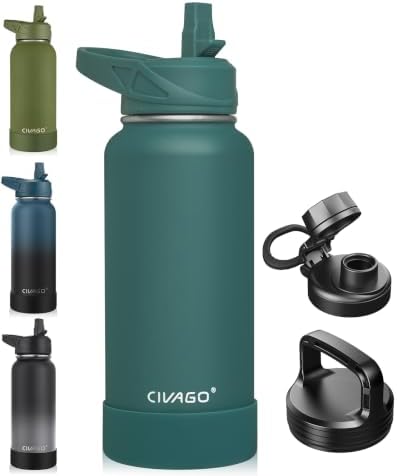 CIVAGO 32 oz Insulated Stainless Steel Water Bottle With Straw and 3 Lids