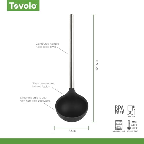 Tovolo Silicone Ladle With Stainless Steel Handle Deep Soup Ladle for Cooking Canning Serving Soup Punch Stew Sauce, Large Kitchen Utensil Spoon Dishwasher Safe BPA Free Silicone Black
