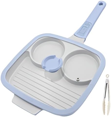 RANX INGST 10 Inch Grill Pan with Lid, 3 Section Nonstick Ceramic Egg Pan with Detachable Handle, Square Grill Skillet All Stove Compatible - Blue