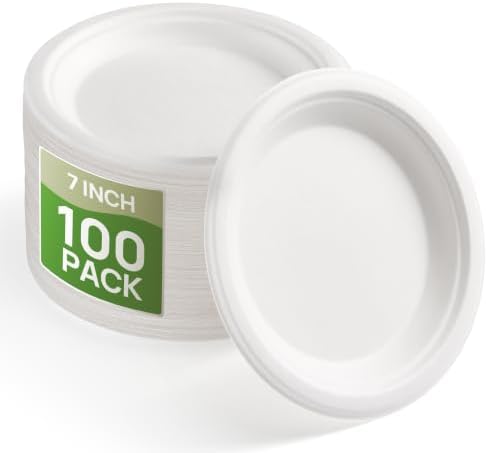 BESTVIP 7 Inch Compostable Sugarcane Paper Plates, White,100 Pack