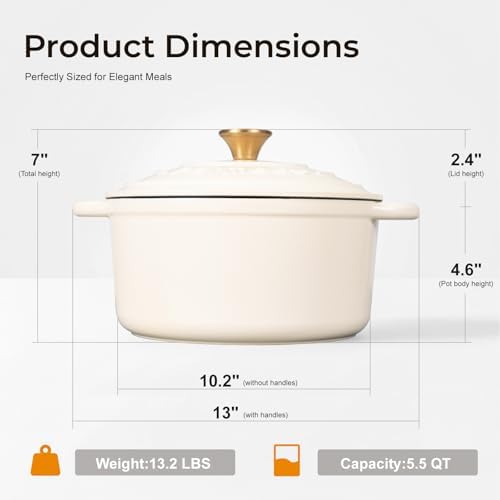 Parmedu 5.5QT Enameled Cast Iron Dutch Oven for Sourdough Bread White