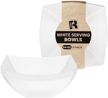 R-kay 6 Pack Square Plastic White Serving Bowls - White Plastic bowls 64 Oz - Salad Bowls Large Serving - Premium Heavy Duty For Weddings Catering And Birthday parties