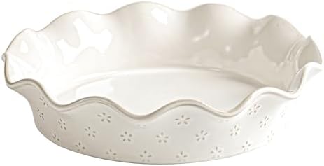 Ceramic Deep Pie Pan for Baking, 11 inch Porcelain Pie Plate for Apple Pie, Oven & Dishwasher Safe, Farmhouse Decor, 48 Ounce Deep Plate for Kitchen, Non-Stick Pie Dish, Embossed Flower