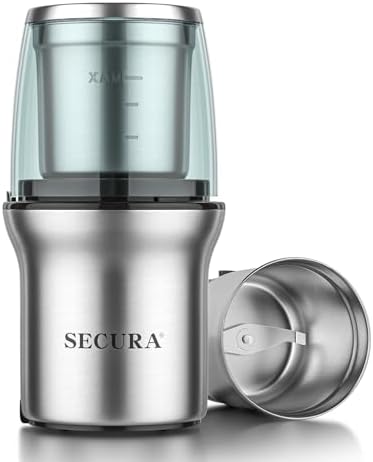 Secura Electric Coffee and Spice Grinder, 1 Removable Bowls, Stainless