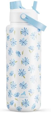 POWCAN 40 oz Insulated Water Bottle with 2-in-1 Straw and Spout Lid, Keep Cold 24H, Leak-Proof, BPA-Free, Double Wall Stainless Steel Water Bottle for Sports, Gym, Travel, School (Blue Linen Meadow)