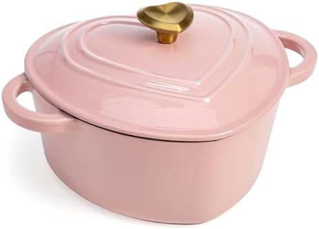 Paris Hilton Enameled Cast Iron Dutch Oven Pot with Lid, Heart-Shaped Dutch Oven, Durable Cast Iron Pot with Dual Handles, Oven Safe to 500°F, Works on All Stovetops, 2-Quart, Pink