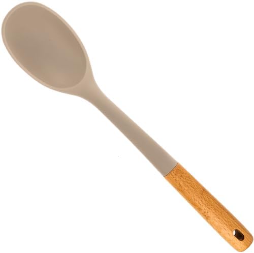 Beille 1pc Beech Wood and Silicone Cooking Spoon Kitchen Utensils Baking Supplies Home Essentials, Light Grey