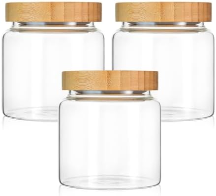 3 Pack 480 ml / 16 oz clear cute glass storage canister holder with airtight bamboo lid, modern decorative small container jar for coffee, spice, candy, salt, cookie, condiment, pepper, sugar
