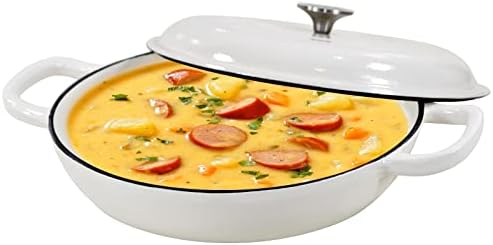 COOKWIN Enameled Cast Iron Braiser Pan, 3.8 Quart Shallow Dutch Oven with Lid, Heavy Duty Casserole Skillet with Dual Handles for Family or Friends Gifts, Oven-Safe to 500°F, White
