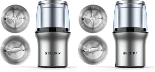 Secura Electric Coffee and Spice Grinder, 2 Removable Bowls, Stainless (Pack of 2)