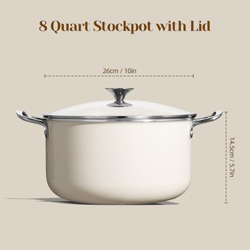 Ceramic Nonstick Stock Pot with Lid 8 QT Large Induction Cooking Pot with Stainless Steel Handles, Non Toxic Soup Pot for Stews, Oven & Dishwasher Safe, Cream White