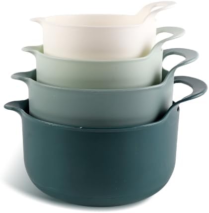 COOK WITH COLOR Nesting Plastic Mixing Bowl Set with Pour Spouts and Handles, Green, 4 Piece Non-Slip