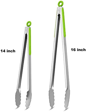 304 Stainless Steel Kitchen Cooking Tongs, 14 & 16 Inch, Set of 2, Green