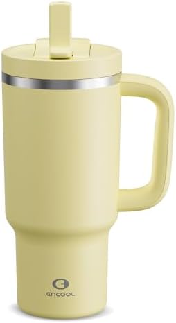 ENCOOL 32 oz Tumbler with Handle and Straw: Stainless Steel Insulated Tumbler Keeps Cold for 24 Hours, Leakproof Travel Cup Fits in Cup Holder and BPA-Free,Light Vanilla