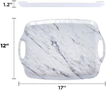 TP Melamine Serving Trays with Handles, 17” x 12”, Set of 2, White Marble