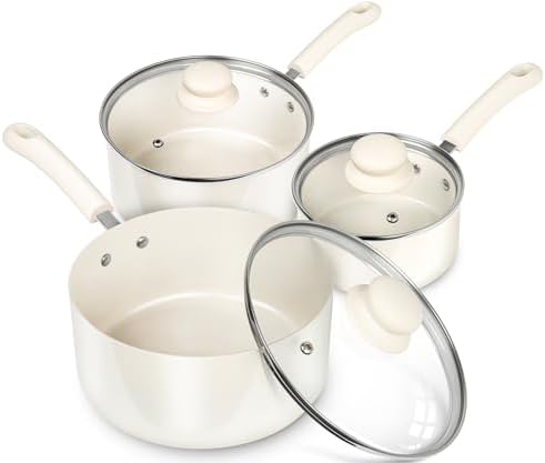 MICHELANGELO Nonstick Saucepan with Lid, Ceramic Sauce Pan Sets, Easy to Clean Sauce Pans, Multi-Purpose Cooking Pots, 1QT & 2QT & 3QT, White
