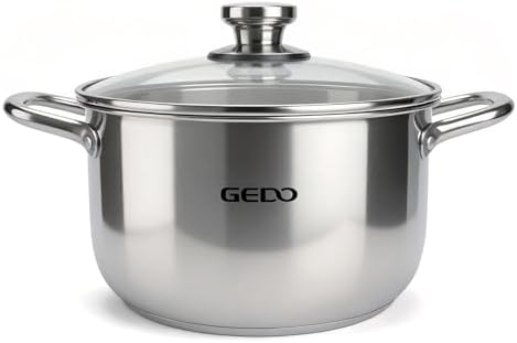 GEDO Stainless Steel Stock Pot with Glass Lid, 304 Grade Premium Soup Pot, Silver, Double Handle, for Kitchen Cooking (7.07in/18cm size)