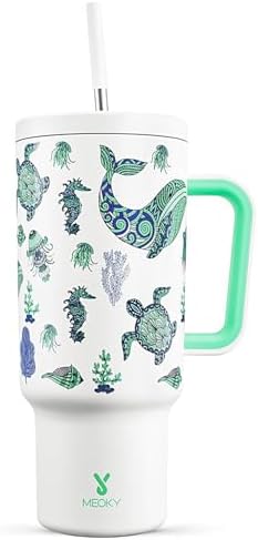 Meoky 40 oz Glow in the Dark Tumbler with Handle and Straw, Tumbler with Lid and Straw, Insulated Stainless Steel Travel Mug, 100% Leak-proof, Keeps Cold for 34 Hours (1 Pack, Sea Life)