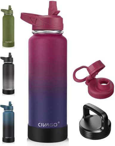 CIVAGO 40 oz Insulated Stainless Steel Water Bottle With Straw and 3 Lids