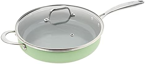 Goodful Ceramic Nonstick Deep Saute Pan with Lid, Dishwasher Safe Pots and Pans, Comfort Grip Stainless Steel Handle, Skillet Frying Pan Made without PFOA, 4-Quart, Green