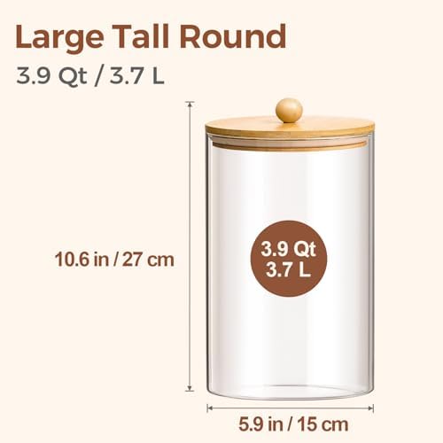 ComSaf Glass Storage Jars with Bamboo Lids 3.9 Qt 2 Pack Large Pantry Round