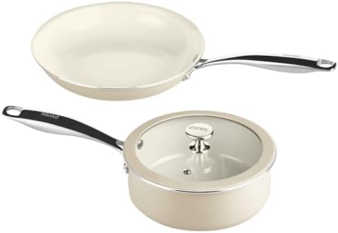 Pyrex 3-Piece Ceramic Cookware Fry Pan & Saucepan Set with Lid & Handles