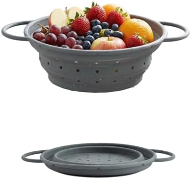 Collapsible Silicone Colander with Handles, Round Strainer with Stainless Steel Rim, Space Saving Kitchen Tool for Fruits & Vegetables,BPA-Free,Heat-Resistant Pasta Drainer (Gray, S)