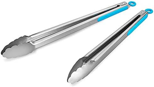 304 Stainless Steel Kitchen Cooking Tongs, 14 & 16 Inch, Set of 2, Blue