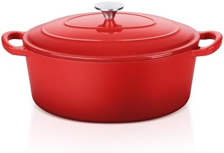 E-far 5QT Oval Dutch Oven Pot with Lid, Red Enameled Cast Iron Dutch Oven