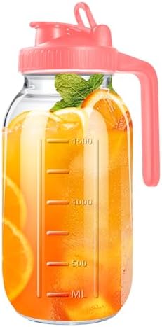 64oz Glass Pitcher with Lid, 2 Quart Mason Jar Pitchers with Lid and Spout, Wide Mouth Breast Milk Pitcher Glass Jug Sun Tea Pitchers, Cold Brew Coffee pitcher, Fridge Container for Water, Juice, Tea