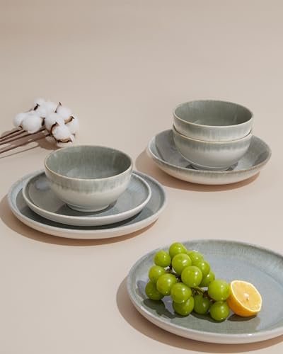 Pokini Stoneware Dinnerware Sets for 8, 24pcs Plates and Bowls Sets Dishes