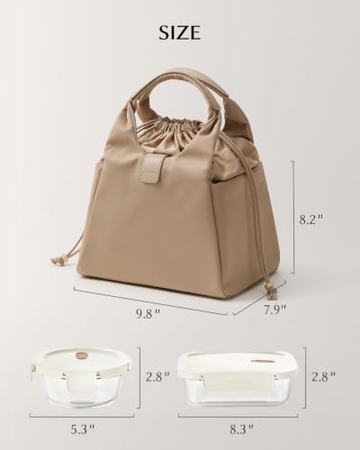 EACHY Insulated Lunch Bag for Women, Upgraded 13L Large Capacity Lunch Box, Stylish Drawstring Tote with Stain-Resistant Wipe-Clean Lining, Thermal Cooler Carrier for Work, Nursing and Commute (Beige)