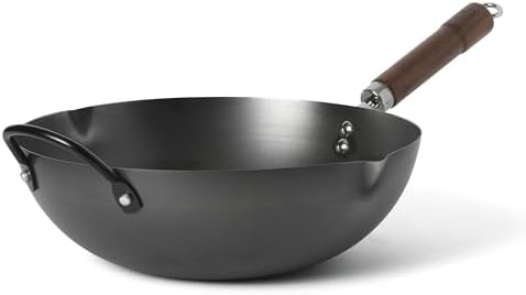 Martha Stewart Chisholm 13.5-Inch Carbon Steel Nonstick Wok, PFAS-Free Wok Pan & Flat Bottom Stir Fry Pan with Long Walnut Wood Handle & Helper Handle, Black