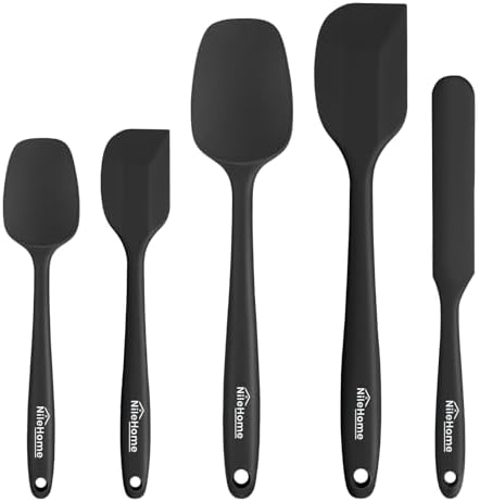 NileHome Silicone Spatula Set, 5 Pieces Food Grade Kitchen Utensils with Silicone Brush Heat Resistant Up to 600°F BPA-free Rubber Spatula for Scraping, Baking, Cooking, Mixing—Black