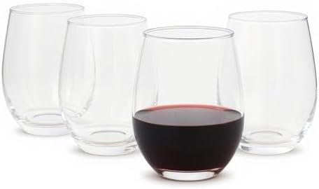 Amazon Basics Stemless Red Wine Glasses Set Of 4, 18 Oz Clear Glass, Classic Design for Everyday Dining, Weddings & Parties, Dishwasher-Safe