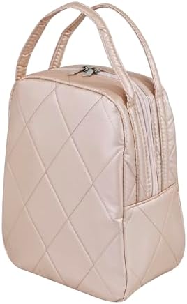 Machine Washable Women Quilted Fabric Insulated Reusable Cooler Lunch Bag Tote Adult Thermal Lunch Box Storage Bag for Ｗork (Champagne)