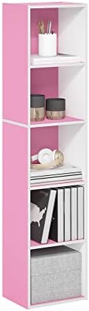 Furinno PASIR Book Shelf, 5-Tier Modern Bookshelf, Open Shelves Bookcase 9 x 12 x 52, Easy Assembly, for Living Room, Bedroom, Home Office, Pink/White
